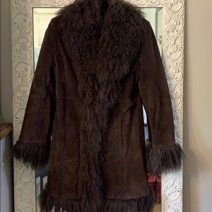 Adler Collection Brown Suede & Mongolian Fur Coat
